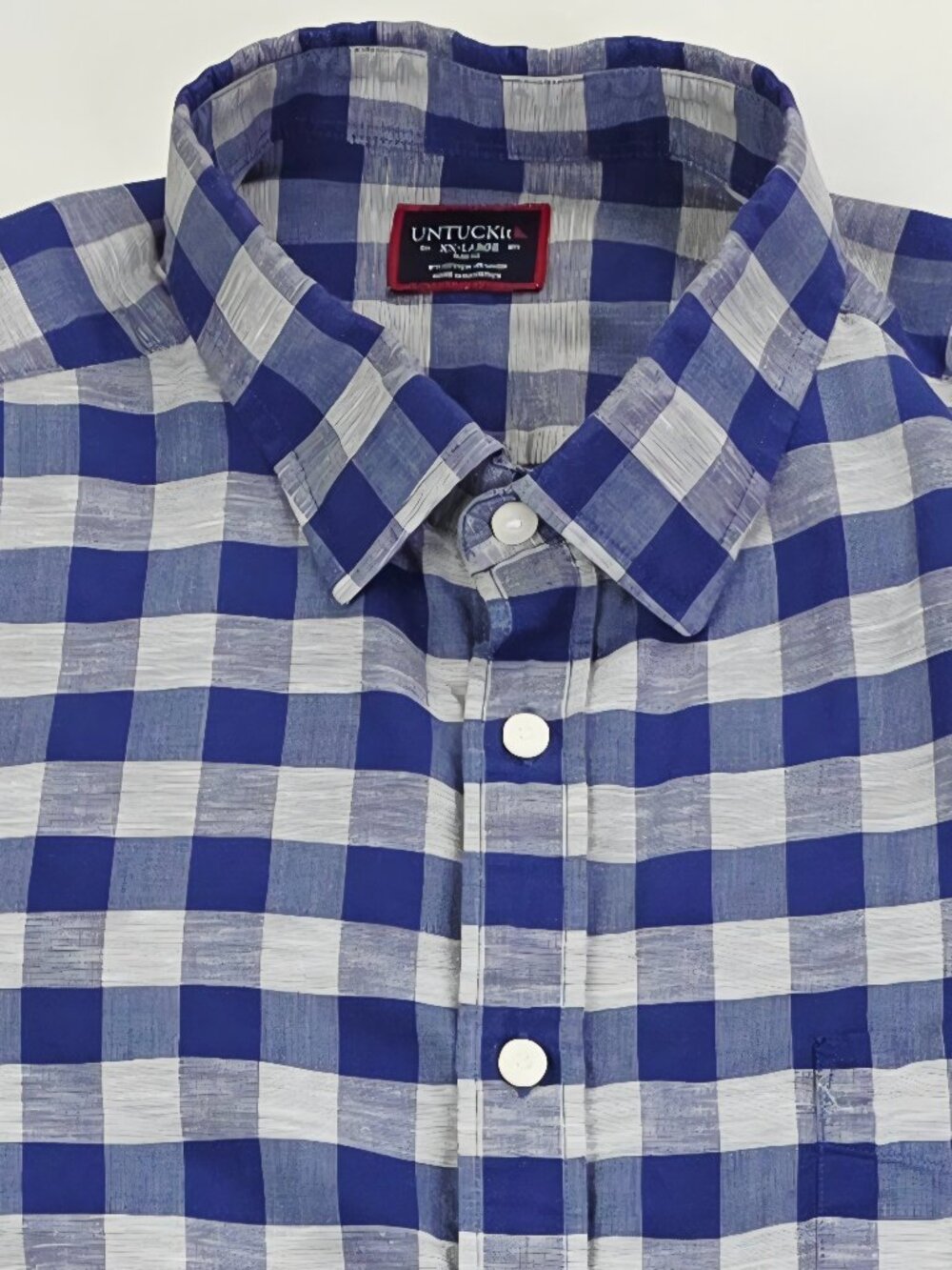 Untuckit Cotton Linen Blend Slim Fit Blue Gray Check Mens Size 2XL Long Sleeve